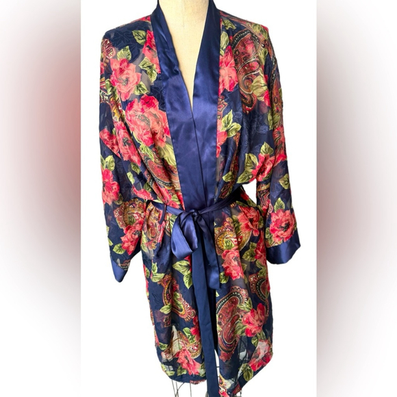 Victoria’s Secret Vintage Gold Label Floral Paisley Kimono Style Robe Satin Trim - Picture 1 of 11
